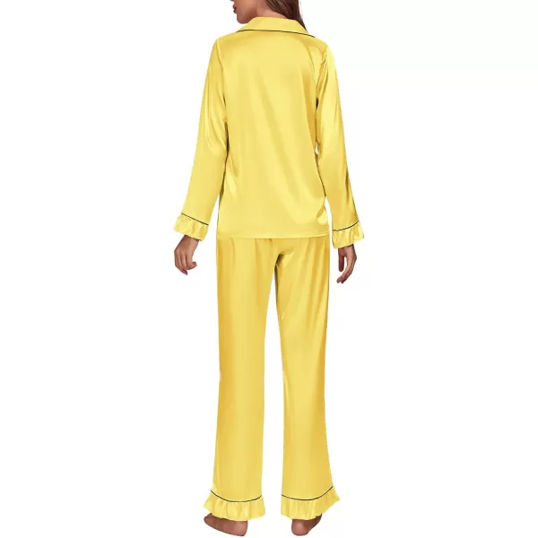 LYANER Women's Satin Silky Pajamas Set Collar Long Sleeve Shirt with Long Pant Set PJS Sleepwear
