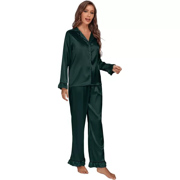 LYANER Women's Satin Silky Pajamas Set Collar Long Sleeve Shirt with Long Pant Set PJS Sleepwear
