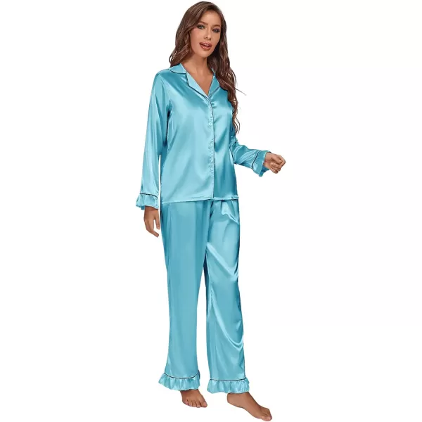 LYANER Women's Satin Silky Pajamas Set Collar Long Sleeve Shirt with Long Pant Set PJS Sleepwear