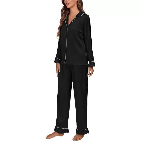 LYANER Women's Satin Silky Pajamas Set Collar Long Sleeve Shirt with Long Pant Set PJS Sleepwear