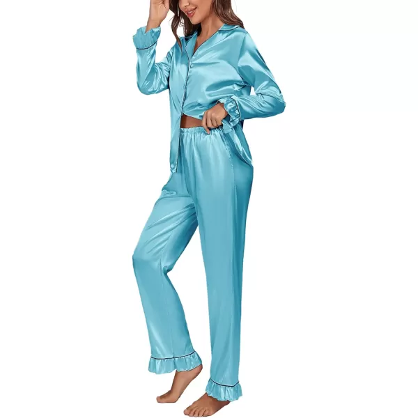 LYANER Women's Satin Silky Pajamas Set Collar Long Sleeve Shirt with Long Pant Set PJS Sleepwear