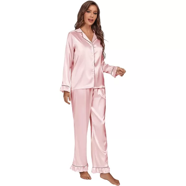LYANER Women's Satin Silky Pajamas Set Collar Long Sleeve Shirt with Long Pant Set PJS Sleepwear