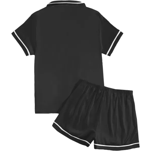 LYANER Women's Satin Silky Short Sleeve Button Shirt Sleepwear 2Piece Pajama Set