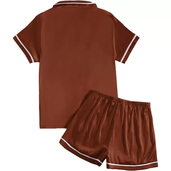 LYANER Women's Satin Silky Short Sleeve Button Shirt Sleepwear 2Piece Pajama Set