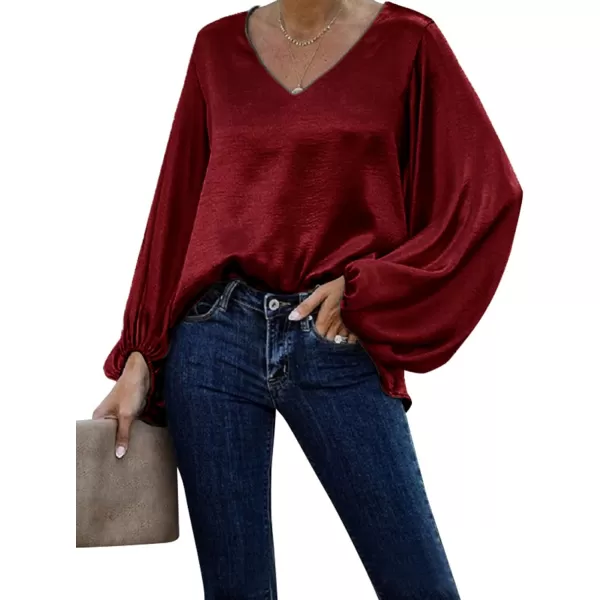 LYANER Women's Satin Silky V Neck Long Sleeve Blouse Shirt Tunic Top