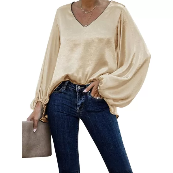 LYANER Women's Satin Silky V Neck Long Sleeve Blouse Shirt Tunic Top