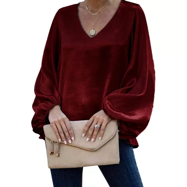 LYANER Women's Satin Silky V Neck Long Sleeve Blouse Shirt Tunic Top