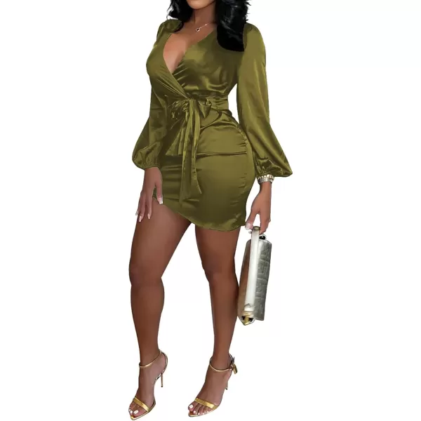 LYANER Women's Satin Silky Wrap V Neck Tie Waist Long Sleeve Mini Short Dress