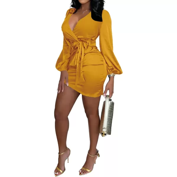 LYANER Women's Satin Silky Wrap V Neck Tie Waist Long Sleeve Mini Short Dress