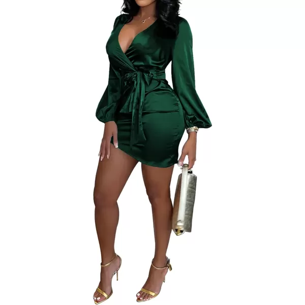 LYANER Women's Satin Silky Wrap V Neck Tie Waist Long Sleeve Mini Short Dress