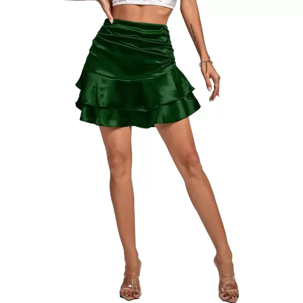 LYANER Women's Satin Skily Ruched Elastic Waist Layered Ruffle Hem Short Skirt