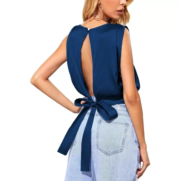 LYANER Women's Satin Sleeveless Self Tie Boat Neck Fashion Crop Top Blouse