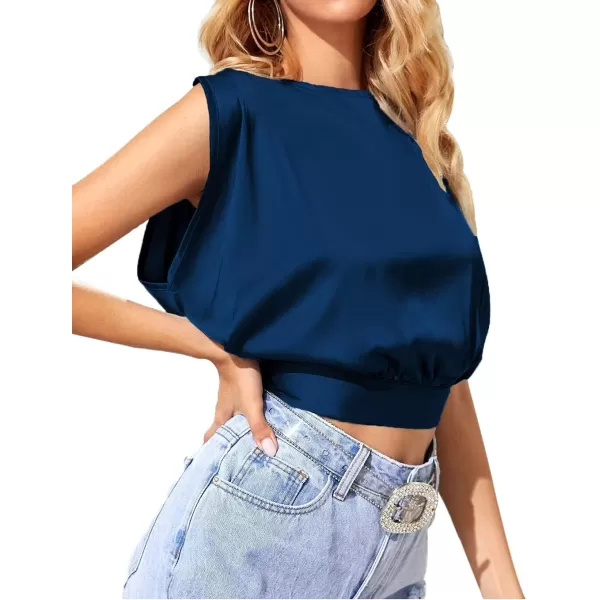 LYANER Women's Satin Sleeveless Self Tie Boat Neck Fashion Crop Top Blouse