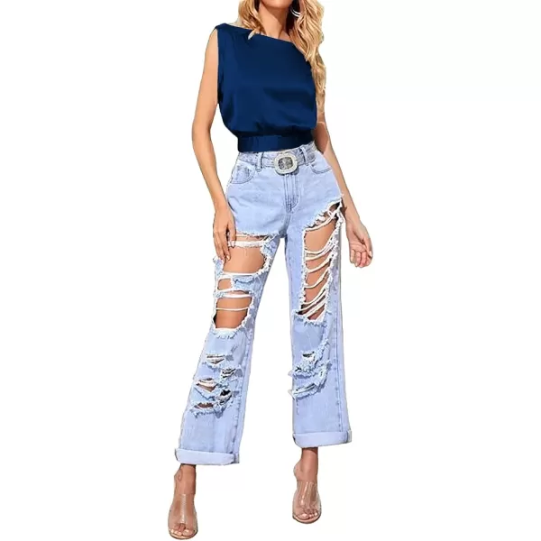 LYANER Women's Satin Sleeveless Self Tie Boat Neck Fashion Crop Top Blouse