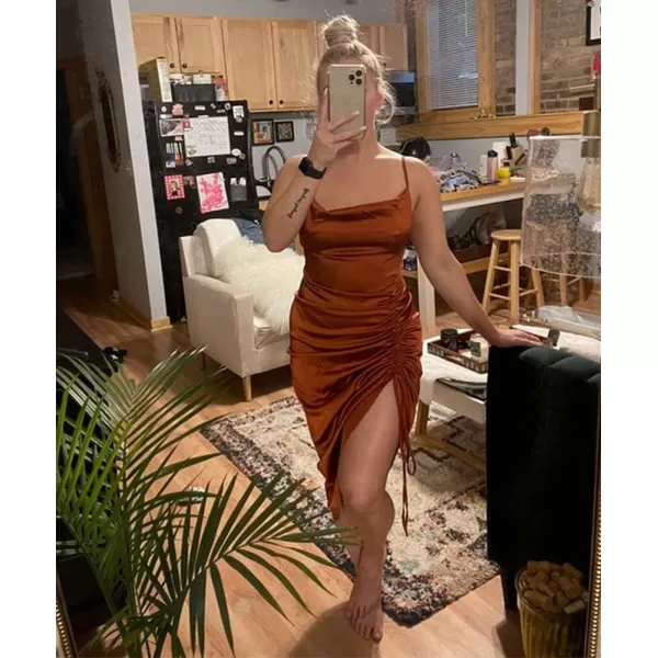 LYANER Women's Satin Spaghetti Straps Cowl Neck Sexy Ruch Cocktail Midi Dresses