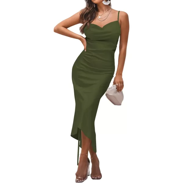 LYANER Women's Satin Spaghetti Straps Cowl Neck Sexy Ruch Cocktail Midi Dresses