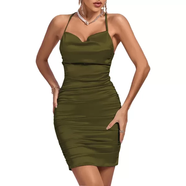 LYANER Women's Satin Spaghetti Straps Ruched Backless Bodycon Cocktail Mini Dress