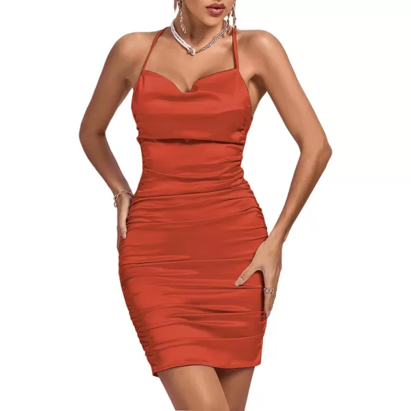 LYANER Women's Satin Spaghetti Straps Ruched Backless Bodycon Cocktail Mini Dress