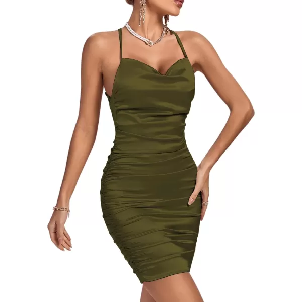 LYANER Women's Satin Spaghetti Straps Ruched Backless Bodycon Cocktail Mini Dress