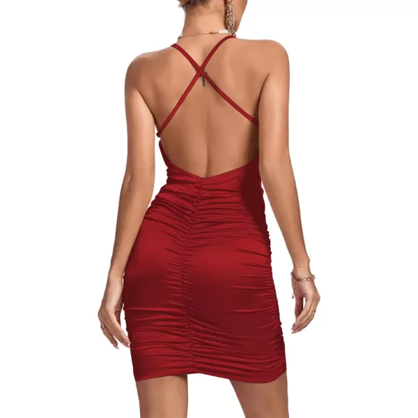 LYANER Women's Satin Spaghetti Straps Ruched Backless Bodycon Cocktail Mini Dress