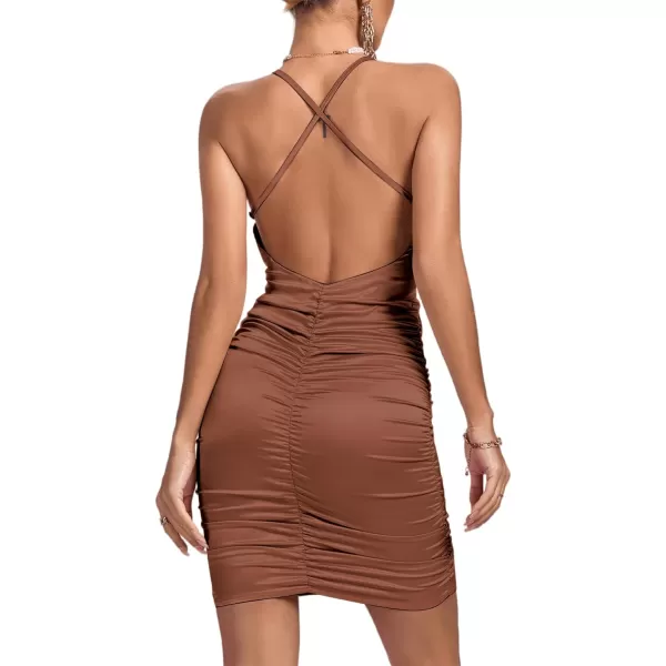 LYANER Women's Satin Spaghetti Straps Ruched Backless Bodycon Cocktail Mini Dress