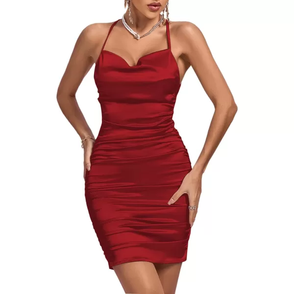 LYANER Women's Satin Spaghetti Straps Ruched Backless Bodycon Cocktail Mini Dress