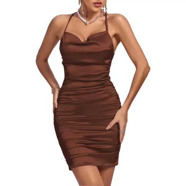 LYANER Women's Satin Spaghetti Straps Ruched Backless Bodycon Cocktail Mini Dress