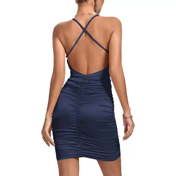 LYANER Women's Satin Spaghetti Straps Ruched Backless Bodycon Cocktail Mini Dress