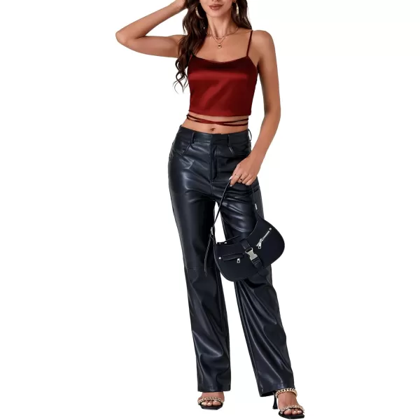 LYANER Women's Satin Square Neck Spaghetti Strap Criss Cross Lace up Sleeveless Crop Top Cami