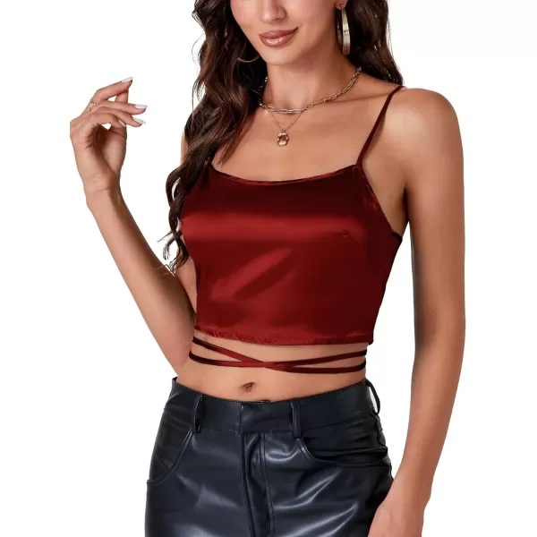 LYANER Women's Satin Square Neck Spaghetti Strap Criss Cross Lace up Sleeveless Crop Top Cami