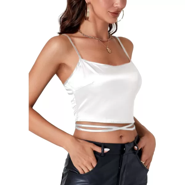 LYANER Women's Satin Square Neck Spaghetti Strap Criss Cross Lace up Sleeveless Crop Top Cami