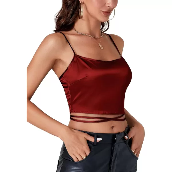 LYANER Women's Satin Square Neck Spaghetti Strap Criss Cross Lace up Sleeveless Crop Top Cami