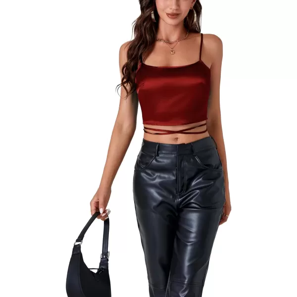 LYANER Women's Satin Square Neck Spaghetti Strap Criss Cross Lace up Sleeveless Crop Top Cami