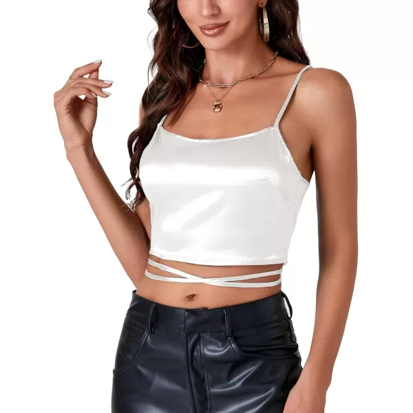 LYANER Women's Satin Square Neck Spaghetti Strap Criss Cross Lace up Sleeveless Crop Top Cami