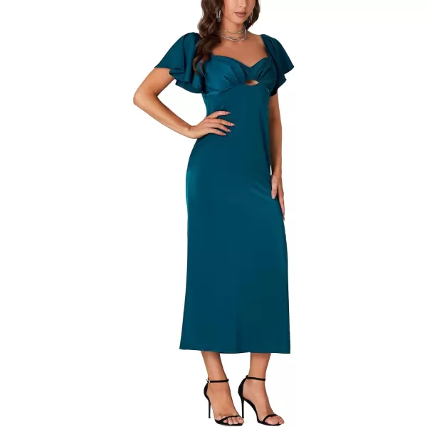 LYANER Women's Satin Sweetheart Cut Out Ruffle Short Sleeve Solid Midi Dress