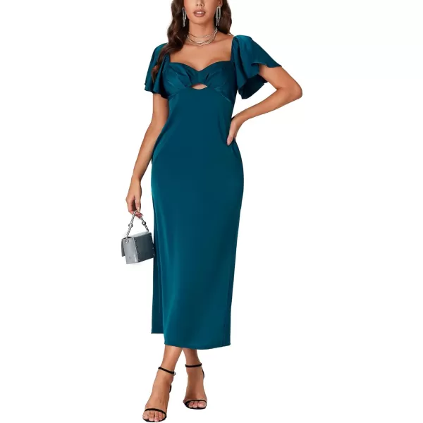 LYANER Women's Satin Sweetheart Cut Out Ruffle Short Sleeve Solid Midi Dress