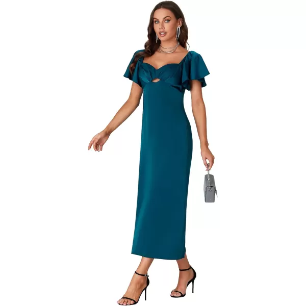 LYANER Women's Satin Sweetheart Cut Out Ruffle Short Sleeve Solid Midi Dress