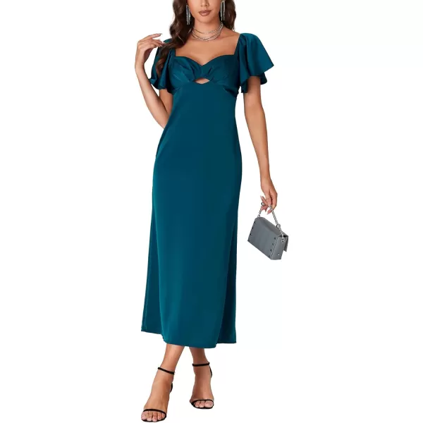 LYANER Women's Satin Sweetheart Cut Out Ruffle Short Sleeve Solid Midi Dress