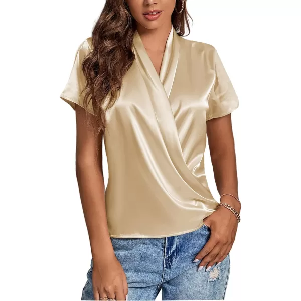 LYANER Women's Satin V Neck Short Sleeve Wrap Elegant Blouse Shirt