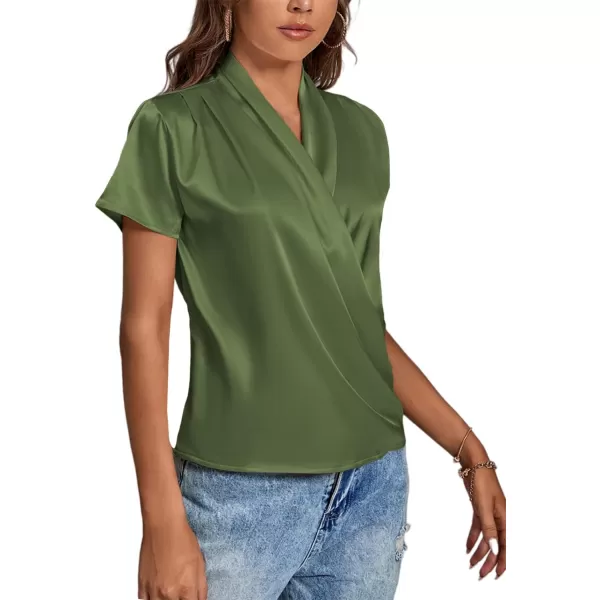 LYANER Women's Satin V Neck Short Sleeve Wrap Elegant Blouse Shirt