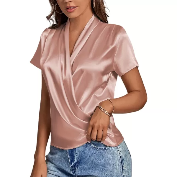 LYANER Women's Satin V Neck Short Sleeve Wrap Elegant Blouse Shirt