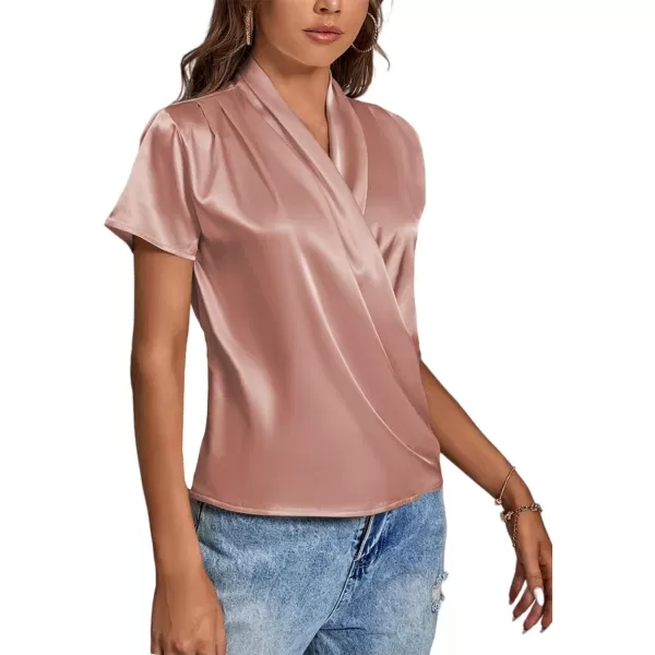 LYANER Women's Satin V Neck Short Sleeve Wrap Elegant Blouse Shirt