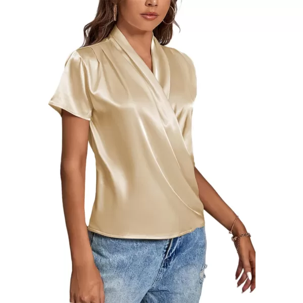 LYANER Women's Satin V Neck Short Sleeve Wrap Elegant Blouse Shirt