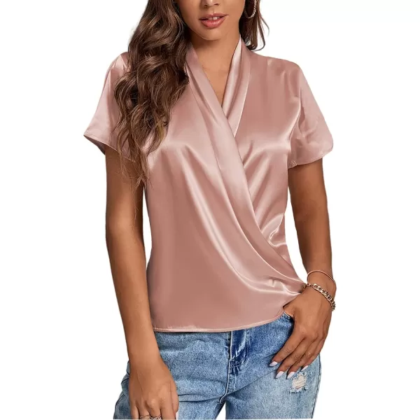 LYANER Women's Satin V Neck Short Sleeve Wrap Elegant Blouse Shirt
