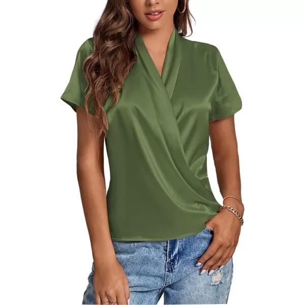 LYANER Women's Satin V Neck Short Sleeve Wrap Elegant Blouse Shirt