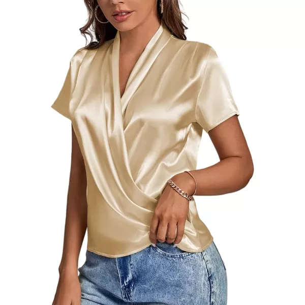 LYANER Women's Satin V Neck Short Sleeve Wrap Elegant Blouse Shirt