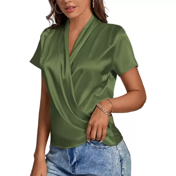 LYANER Women's Satin V Neck Short Sleeve Wrap Elegant Blouse Shirt