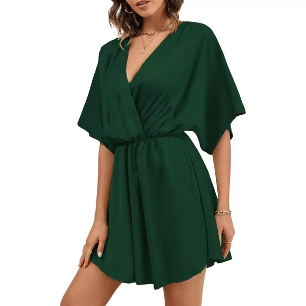 LYANER Women's Satin V Neck Twist Ruffle Flowy Swing Short Sleeve Elegant Mini Dress
