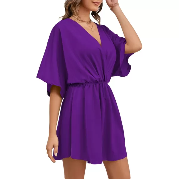 LYANER Women's Satin V Neck Twist Ruffle Flowy Swing Short Sleeve Elegant Mini Dress