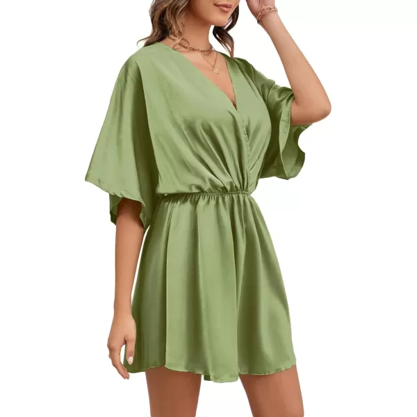 LYANER Women's Satin V Neck Twist Ruffle Flowy Swing Short Sleeve Elegant Mini Dress